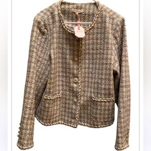 Nanette Lepore light Blue and Cream with Gold Thread Tweed Blazer Size Large